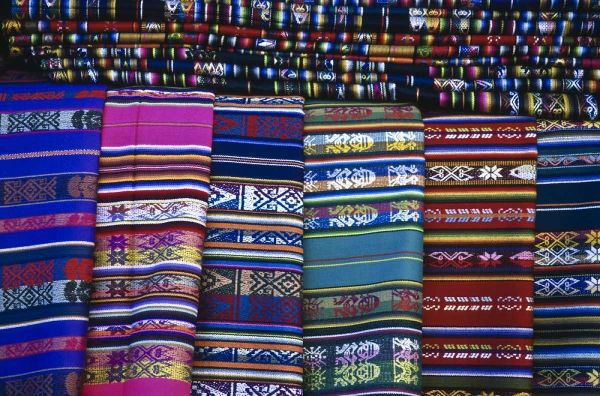 New Mexico, Santa Fe Colorful blankets for sale